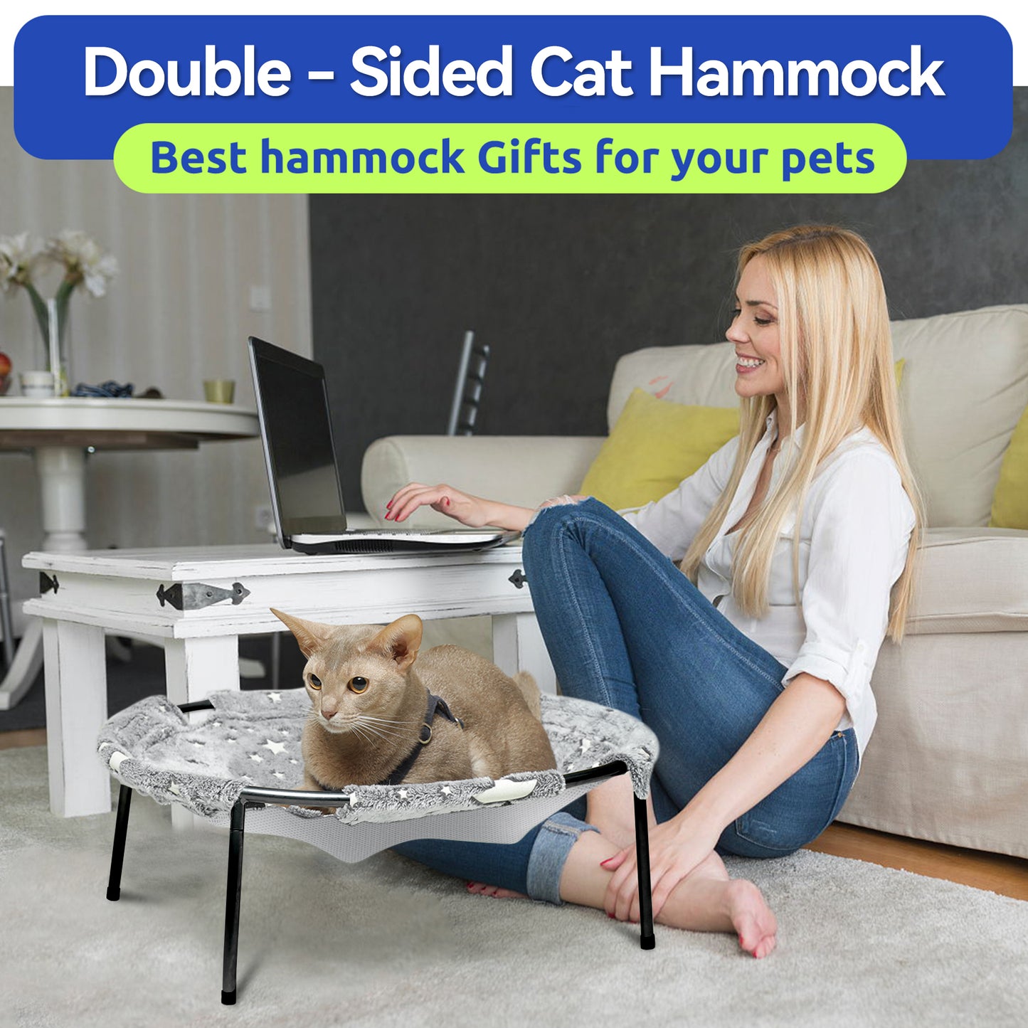 【Free-Standing Hammock Bed】POMESEA Soft Elevated Pet Hammock for Dogs & Cats, Glow in The Dark Raised Desk Bed for Sleeping Kitten,Desk Buddy
